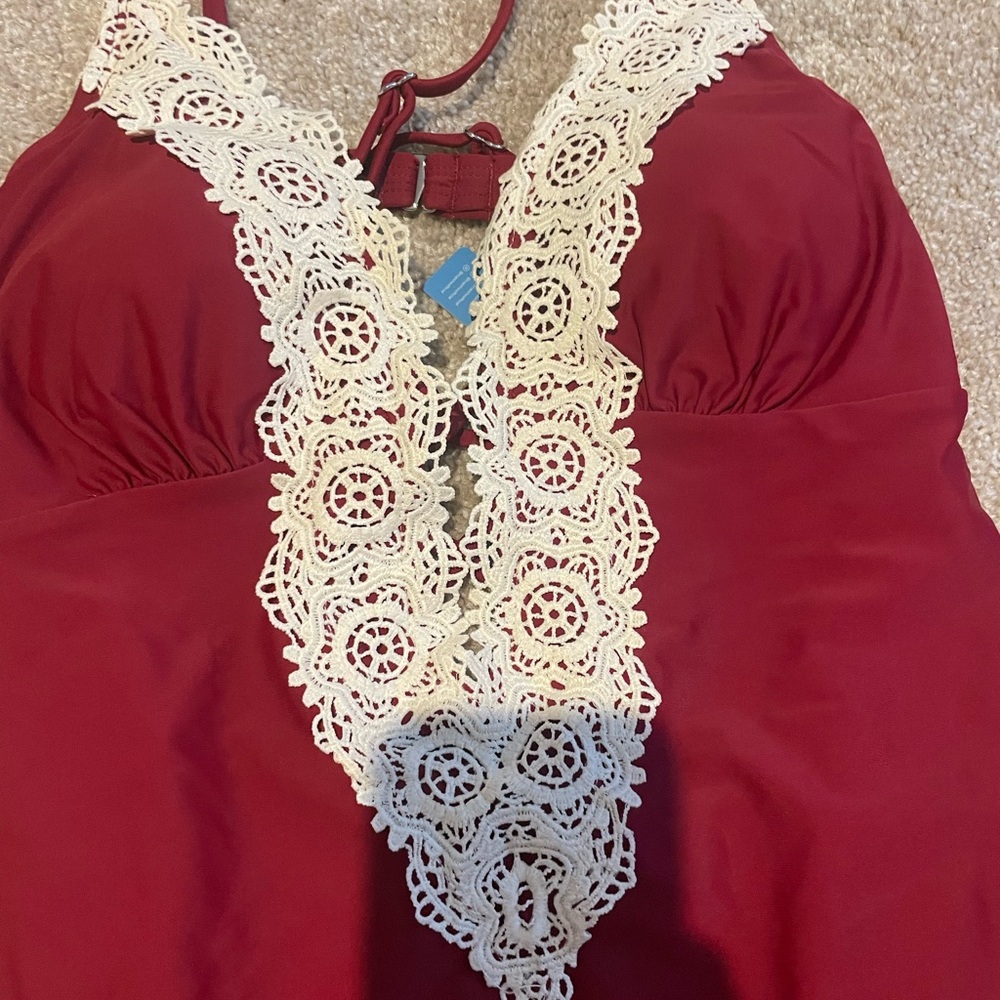 Cupshe Red and Cream Lace One Piece Swimsuit - Picture 2 of 9
